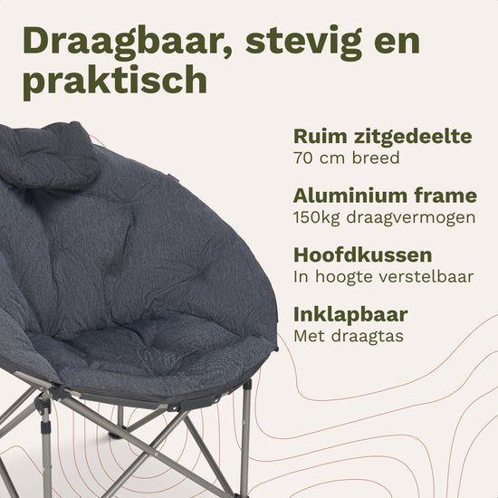 TRVLMORE Campingstoel XL - Opvouwbaar - 150KG Draagvermogen - Incl. Draagtas - Klapstoel - Kampeerstoel - Vouwstoel - Grijs