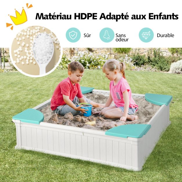 Coast Zandbak Wit – Vierkante HDPE Kinderzandbak met 4 Hoekzitjes en Afdekhoes – 123,5 x 123,5 x 31,5 cm