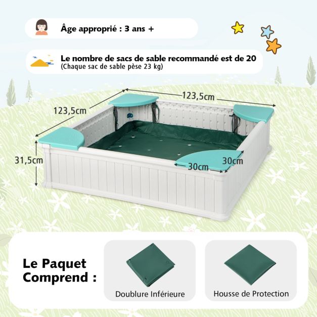 Coast Zandbak Wit – Vierkante HDPE Kinderzandbak met 4 Hoekzitjes en Afdekhoes – 123,5 x 123,5 x 31,5 cm
