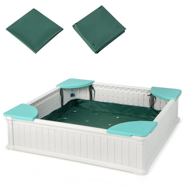 Coast Zandbak Wit – Vierkante HDPE Kinderzandbak met 4 Hoekzitjes en Afdekhoes – 123,5 x 123,5 x 31,5 cm