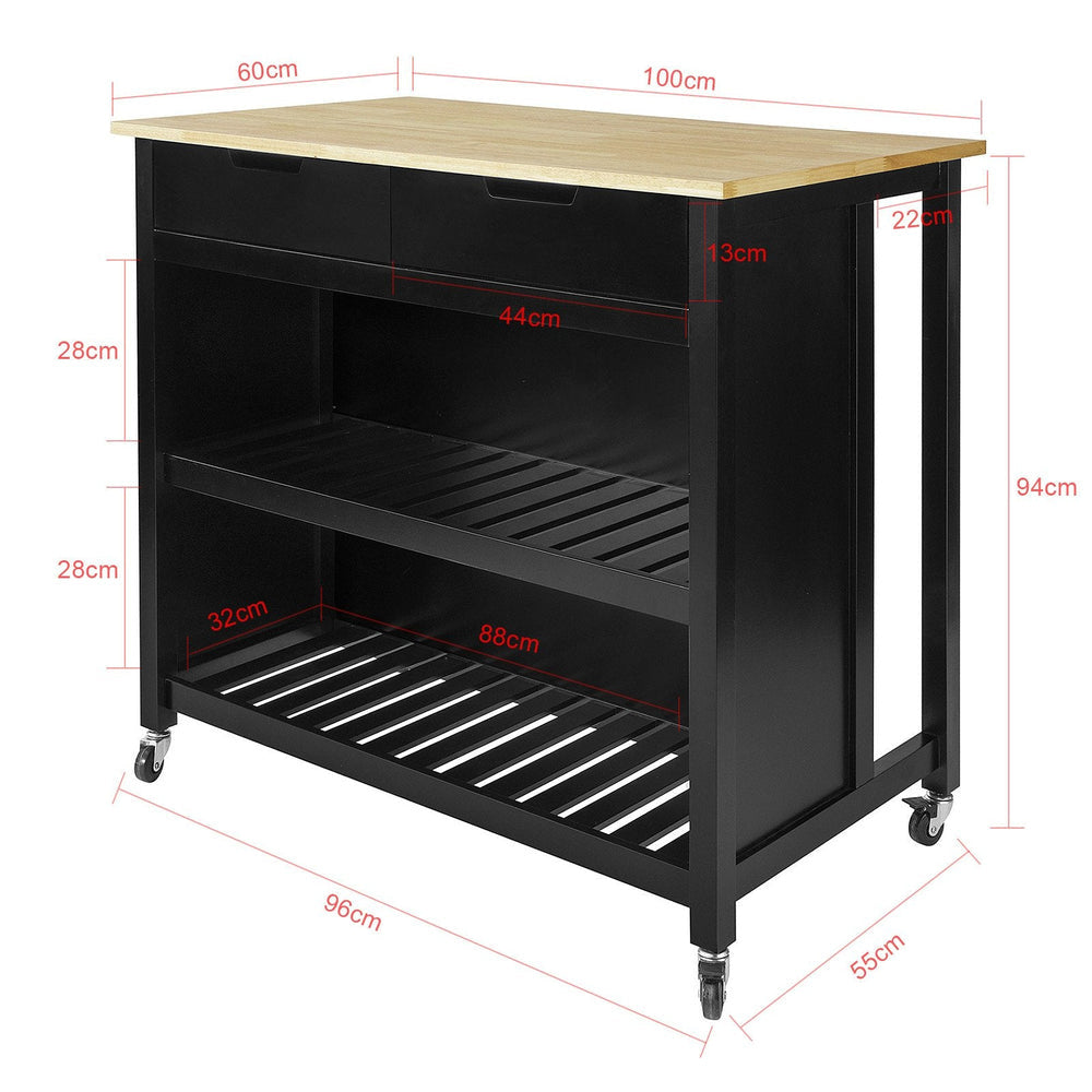 SoBuy  Keukentrolley op Wielen FKW74-SCH - 2 Lades & 2 Planken - 100x94x60 cm - Zwart