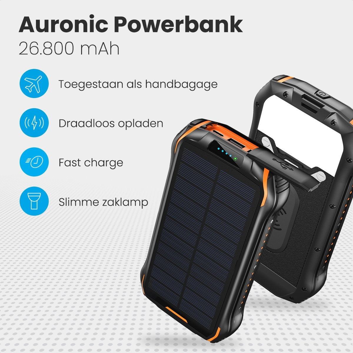 LifeGoods Powerbank - 26.800 mAh - Zonne-energie - Draadloos - Slimme Zaklamp - Stof- en Waterdicht - IK02 - Oranje/Zwart