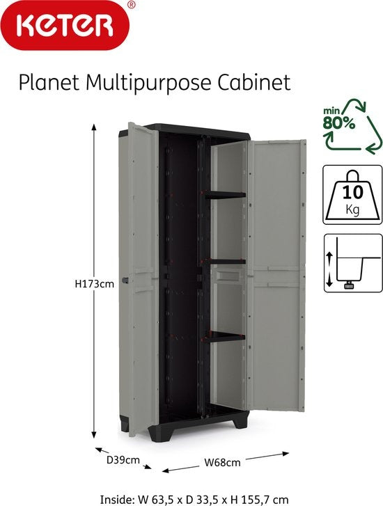 Keter Planet Hoge Kast Multipurpose - 3 planken - 68x39x173cm - Grijs/Zwart - Recycled Kunststof