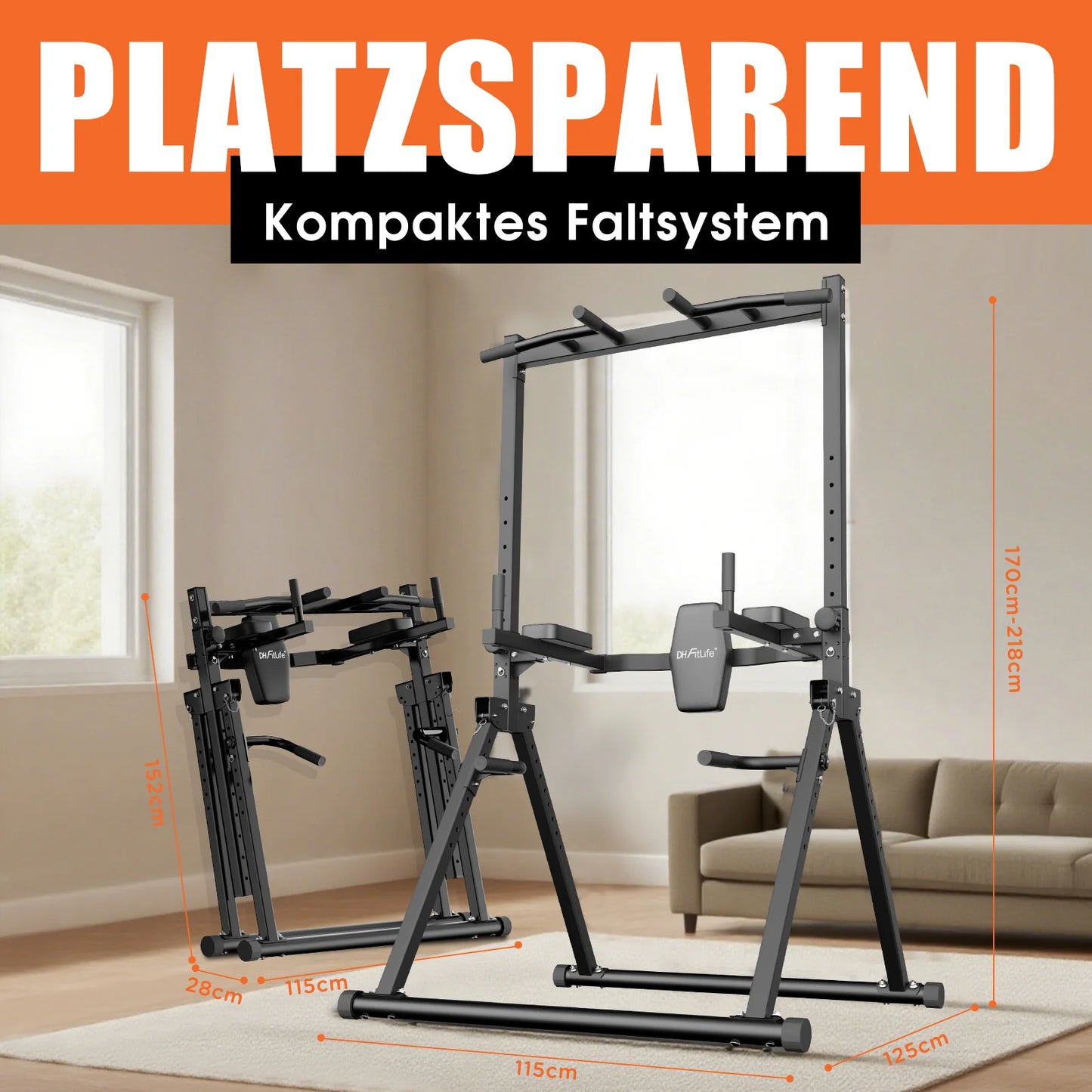 DH FitLife Opvouwbare Power Tower Dip Station – Vrijstaande Optrekstang tot 150 kg voor Thuisgym