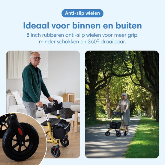 Safe Life® Rollator lichtgewicht en opvouwbaar - zitfunctie - voor binnen en buiten - Rugleuning en wandelstok houder - Goud