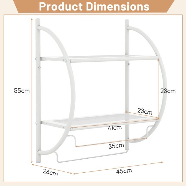 Coast Handdoekhouder Wandrek - 45 x 25,5 x 55 cm - Wit - Metaal Badkamerrek met 2 Planken en Handdoekstangen