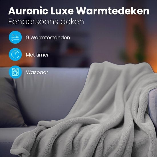 Auronic Elektrische Deken - Warmtedeken - 9 Warmtestanden - 1 Persoons - 160x120cm - Licht Grijs
