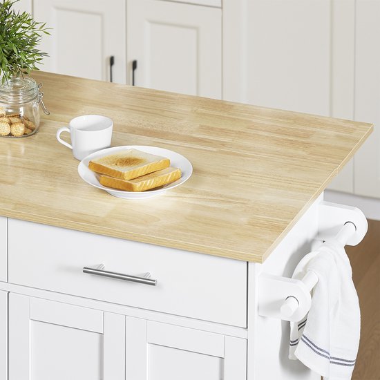 SoBuy FKW129-WN Keukentrolley op Wielen – Keukeneiland met Uitschuifbaar Werkblad, 2 Lades en Verstelbare Planken – Mobiele Keukenwagen of Eettafelkast, Wit 113x91x(44-69) cm