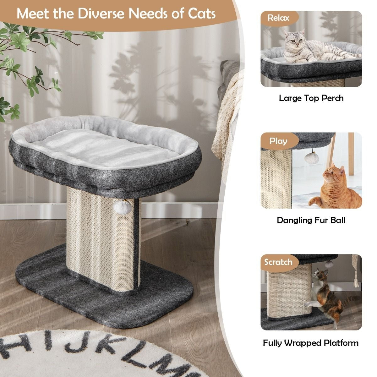 Coast Modern Scratch Tree Cat Furniture met grote pluche stoel en sisal krasplaat grijs