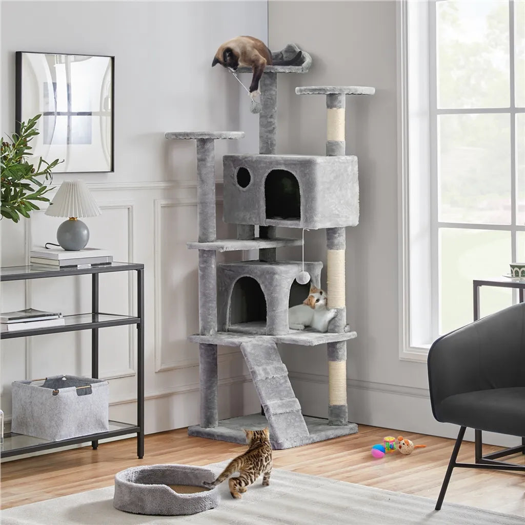 Yaheetech Krabpaal 178 cm met Twee Kattenholen, Lichtgrijs
