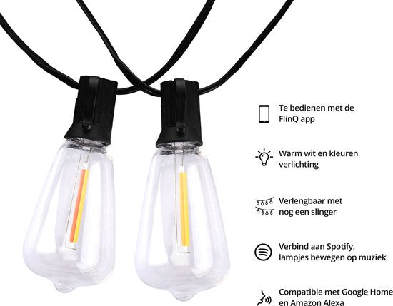 FlinQ Smart Lichtsnoer Premium - LED Lichtslinger voor Buiten - Tuinverlichting 15 meter Lang Snoer - Slinger met RGB Lampjes - Sfeerverlichting / Partylights - Partyverlichting