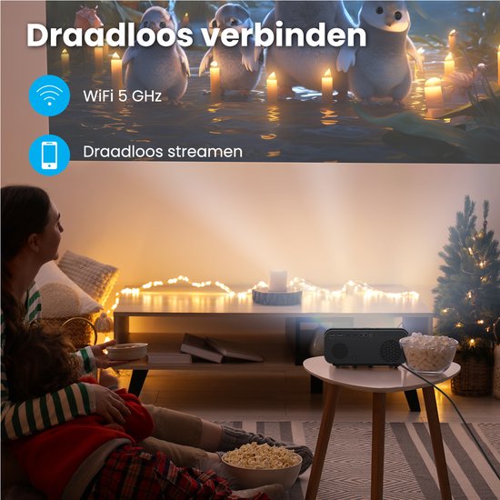 Auronic Beamer 10.000 Lumen - 1080P Full HD Streamen vanaf je telefoon - WiFi - Smart Mini Projector - HDMI-kabel - Afstandsbediening - Zwart