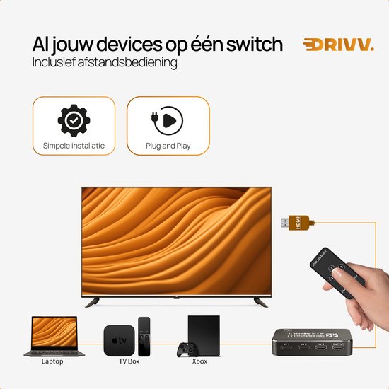 Drivv. HDMI Switch 4K 60Hz – 3 ingangen 1 uitgang - Incl Afstandsbediening - Automatisch Schakelen - 780/1080p/4K - Zwart