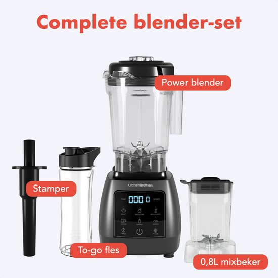 KitchenBrothers 2-in-1 Power Blender - 1600W - 2L - Complete Set met Hakmolen en To-go Beker - Smoothie Maker - IJscrusher - Metallic Grijs