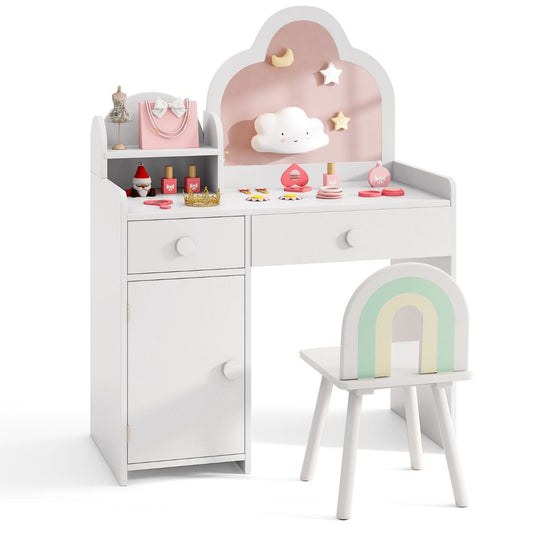 Coast Kinderkaptafelset - wolkvormige spiegel - 2-in-1 kaptafel met kruk - wit