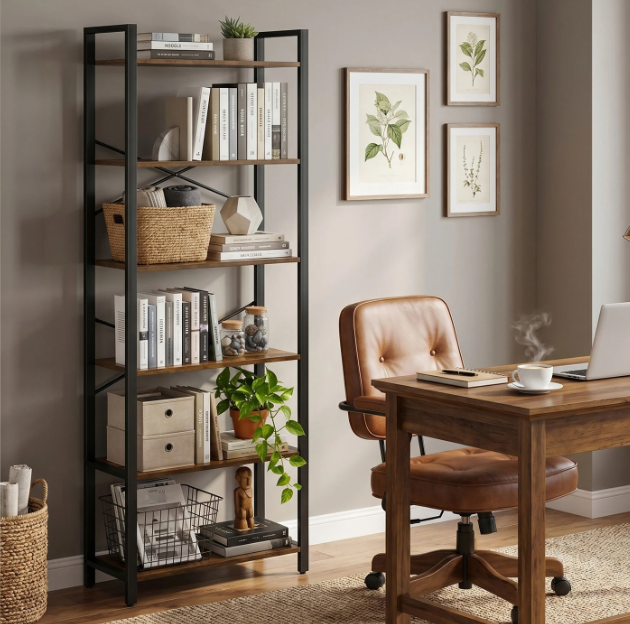 Joyfurnos Boekenkast 6 Niveaus - Industrieel - 30 x 66 x 186 cm - Greige/Zwart