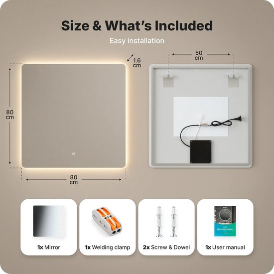 Mirlux Badkamerspiegel met LED Verlichting & Verwarming – Wandspiegel Vierkant – Anti Condens Douchespiegel - Frameloos - 80x80cm