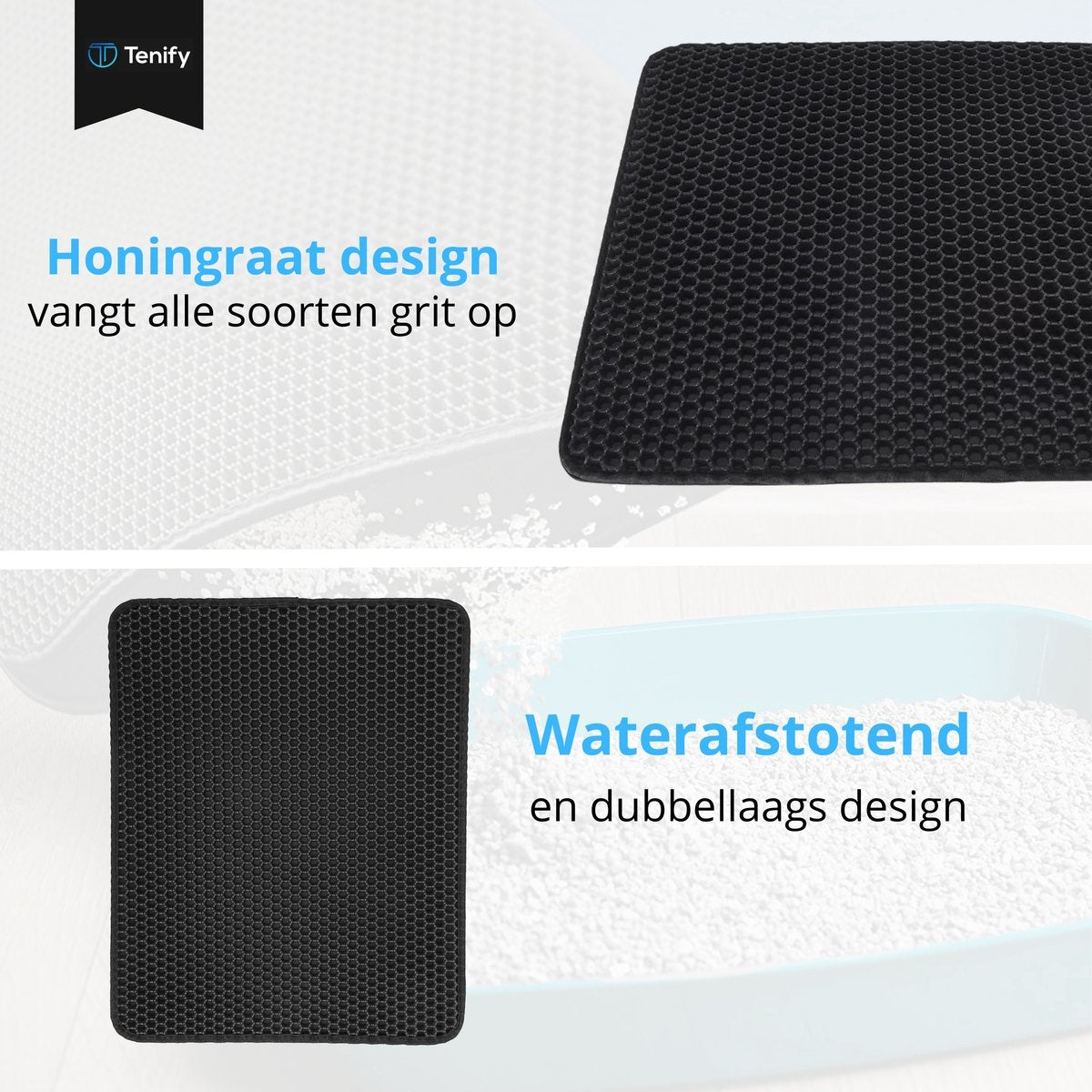 Tenify Kattenbakmat + Extra Kattenbak Schepje - 40 x 50 cm - Waterdicht - Dubbele laag - Honingraatstructuur - Uitloopmat - Mat