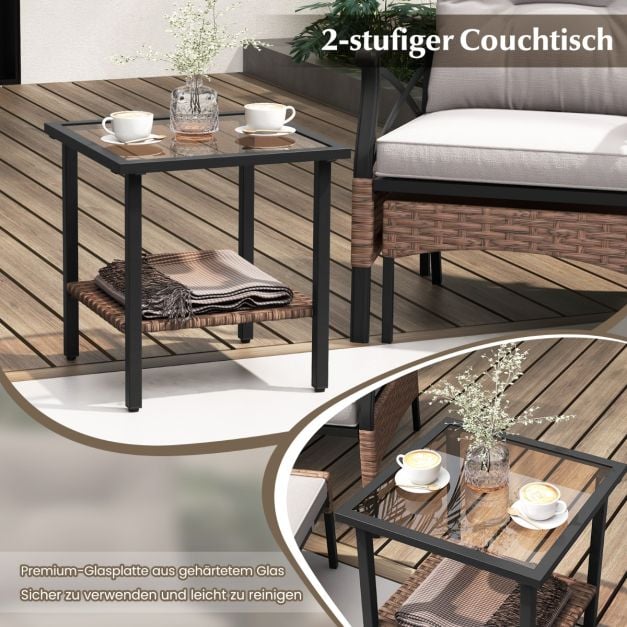 Coast Tuinset 5-Delig – Polyrattan Balkonset met Stoelen, Hockers en Tafel – Bruin