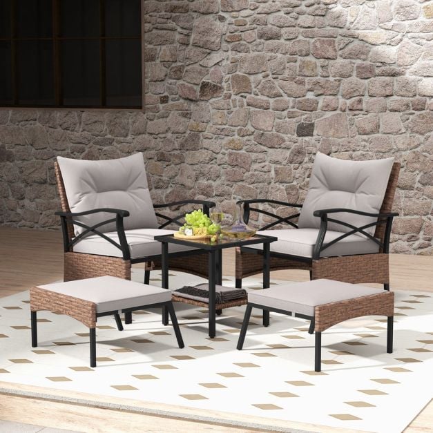 Coast Tuinset 5-Delig – Polyrattan Balkonset met Stoelen, Hockers en Tafel – Bruin