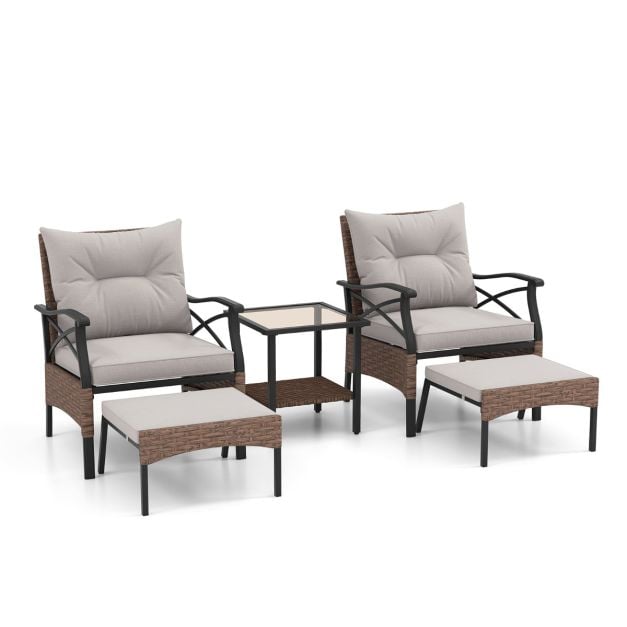 Coast Tuinset 5-Delig – Polyrattan Balkonset met Stoelen, Hockers en Tafel – Bruin