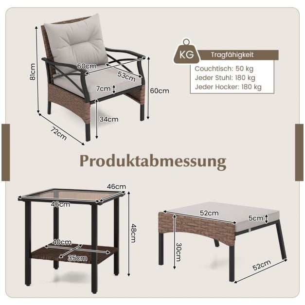 Coast Tuinset 5-Delig – Polyrattan Balkonset met Stoelen, Hockers en Tafel – Bruin