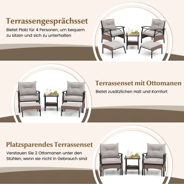 Coast Tuinset 5-Delig – Polyrattan Balkonset met Stoelen, Hockers en Tafel – Bruin