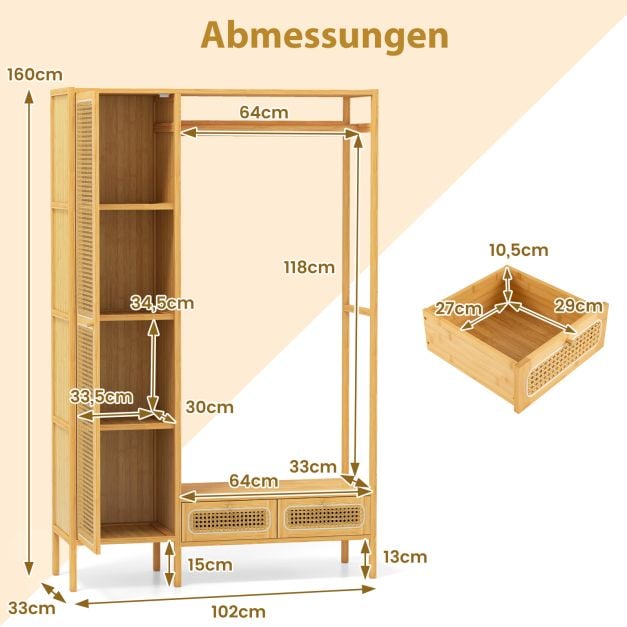 Coast Bamboe Kledingrek Naturel – Garderoberek met Kast, Kledingroede en 2 Lades – 102 x 33 x 160 cm