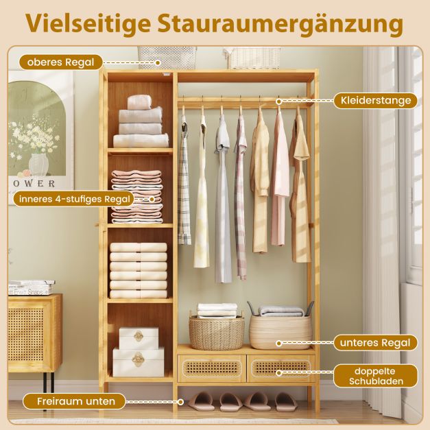 Coast Bamboe Kledingrek Naturel – Garderoberek met Kast, Kledingroede en 2 Lades – 102 x 33 x 160 cm