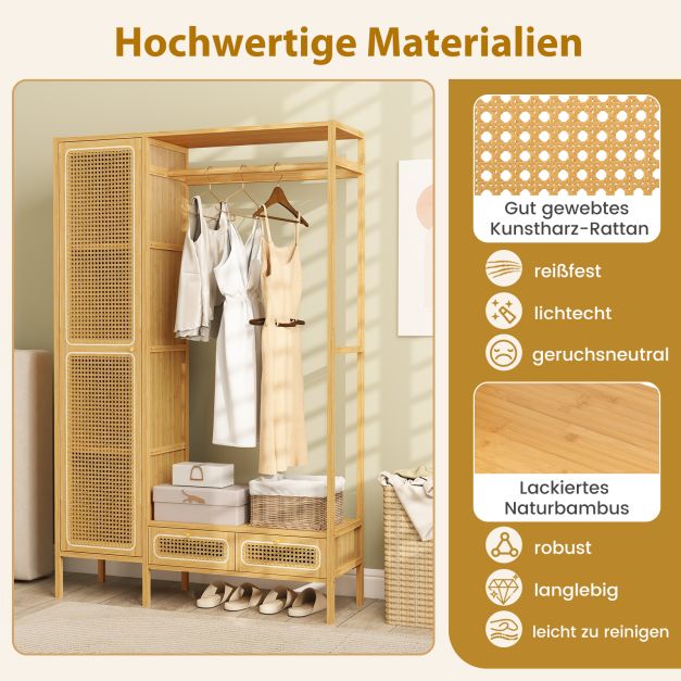 Coast Bamboe Kledingrek Naturel – Garderoberek met Kast, Kledingroede en 2 Lades – 102 x 33 x 160 cm