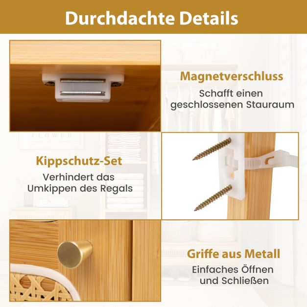 Coast Bamboe Kledingrek Naturel – Garderoberek met Kast, Kledingroede en 2 Lades – 102 x 33 x 160 cm