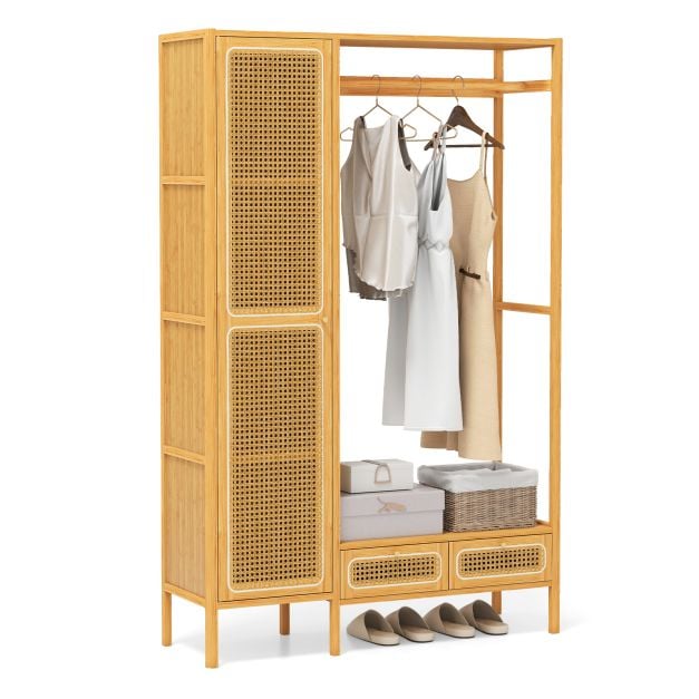 Coast Bamboe Kledingrek Naturel – Garderoberek met Kast, Kledingroede en 2 Lades – 102 x 33 x 160 cm