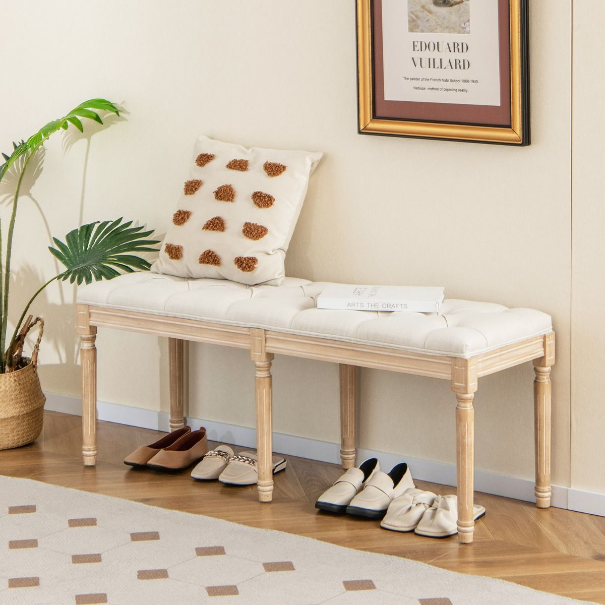 Coast Vintage Gestoffeerde Eetkamerbank - Ingangsbank & Bedbank met Rubberhouten Poten - Beige - 120 x 40 x 49 cm