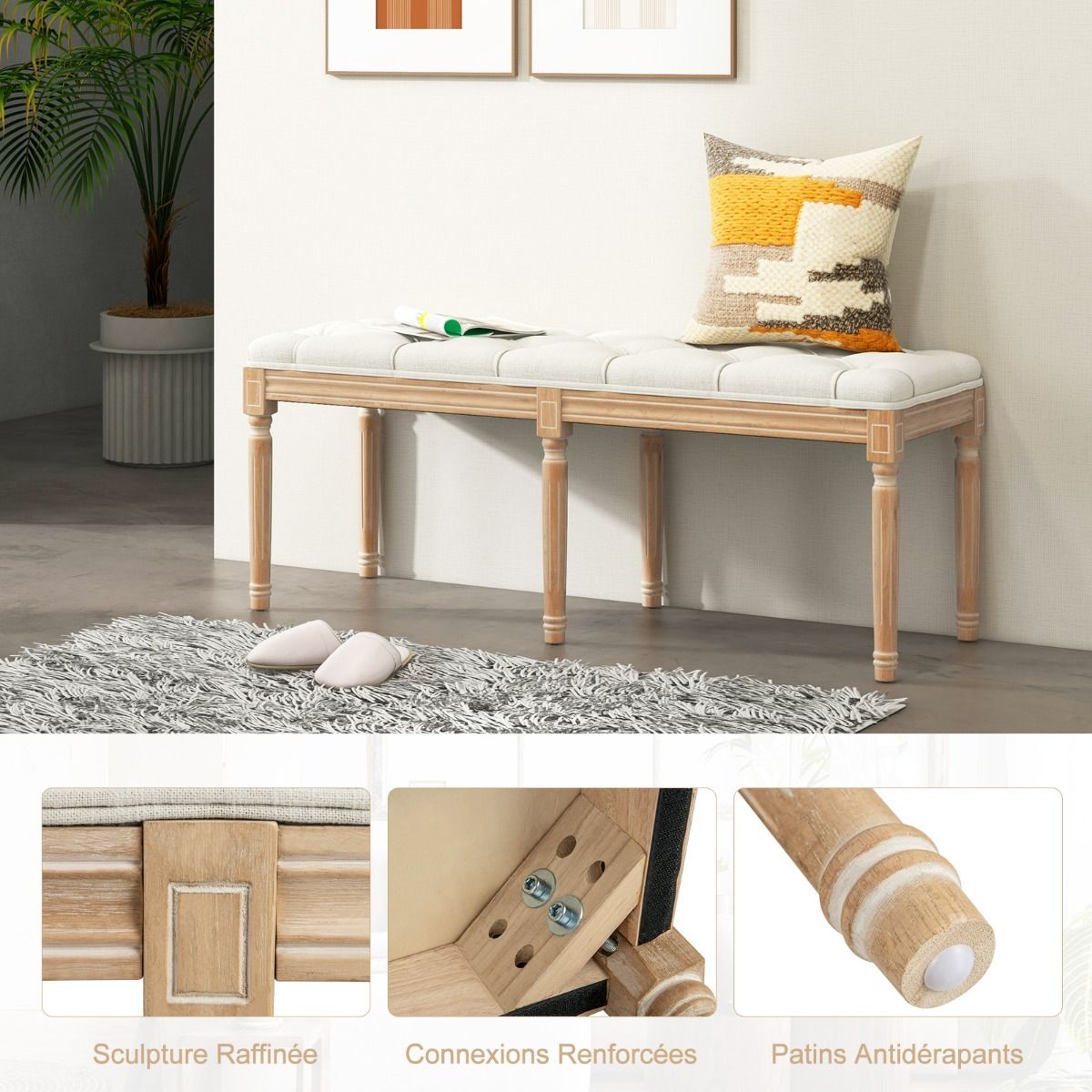 Coast Vintage Gestoffeerde Eetkamerbank - Ingangsbank & Bedbank met Rubberhouten Poten - Beige - 120 x 40 x 49 cm