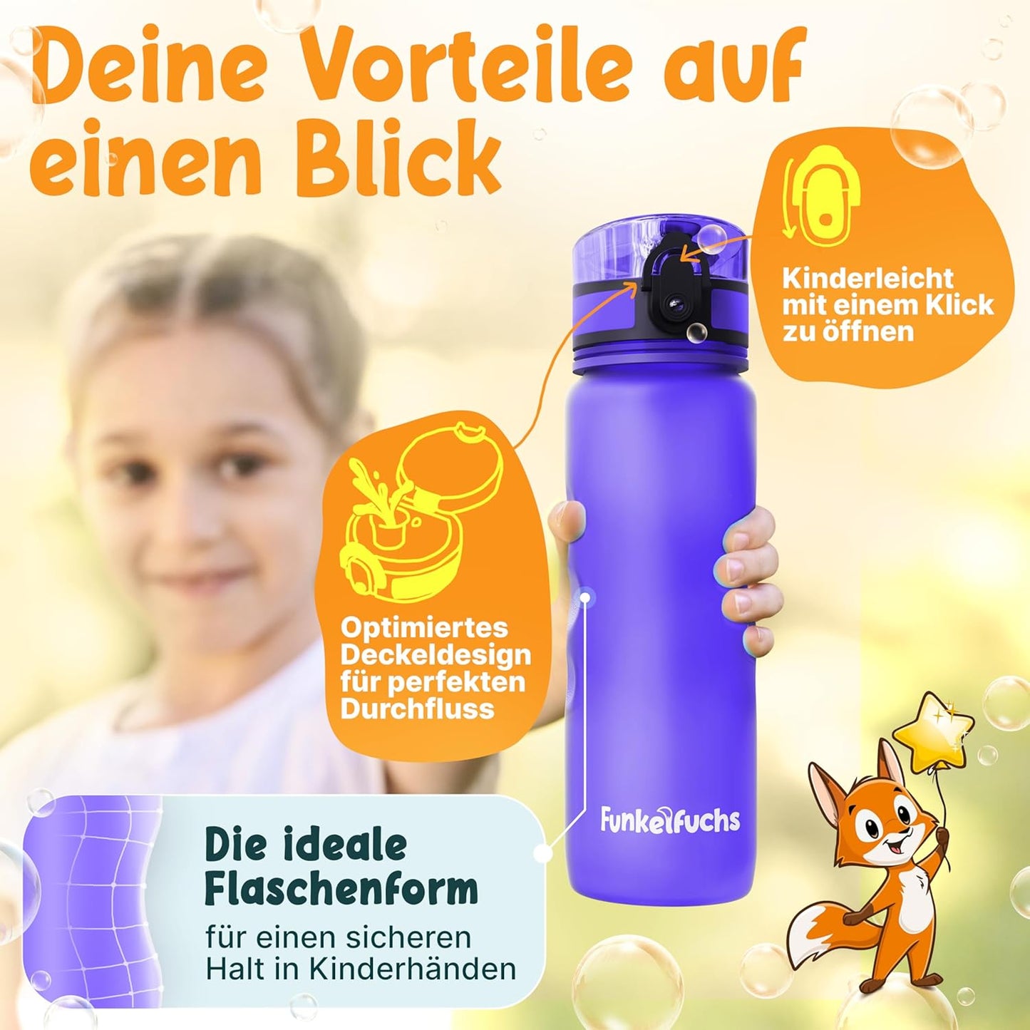 Funkelfuchs® Kinderdrinkfles 500ml – Paars – 100% Lekvrij & Koolzuurbestendig – BPA-vrij & Vaatwasserbestendig – Perfect voor School, Kleuters & Sport