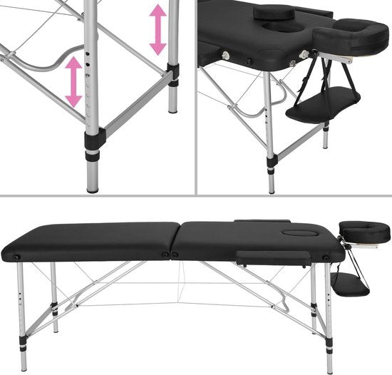 tectake® - aluminium massagetafel 2 zones, massagetafel 4cm matras, opvouwbare massagetafel, in hoogte verstelbare aluminium massagetafel, draagbare massagetafel inclusief accessoires, aluminium hoofdsteun, armleuning en draagtas - zwart
