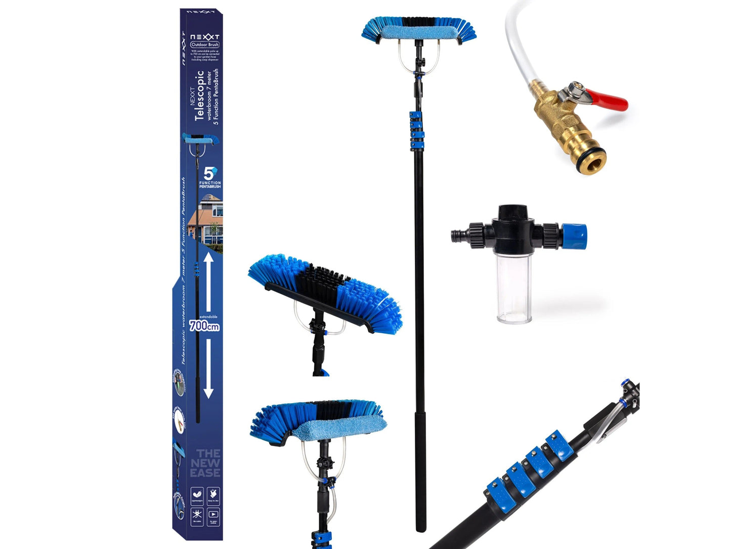 Nexxt Telescopische Waterborstel 5-in-1 – 7 m – Verstelbare kop 29 x 7 x 10 cm – Inclusief 9 m slang
