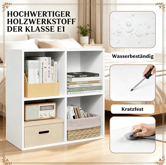 FloraGrace Boekenkast – 4-Vaks Open Opbergrek – 59,6 x 59,8 x 29,5 cm – Hout – Wit – Staande Opbergkast Voor Woonkamer Of Kantoor