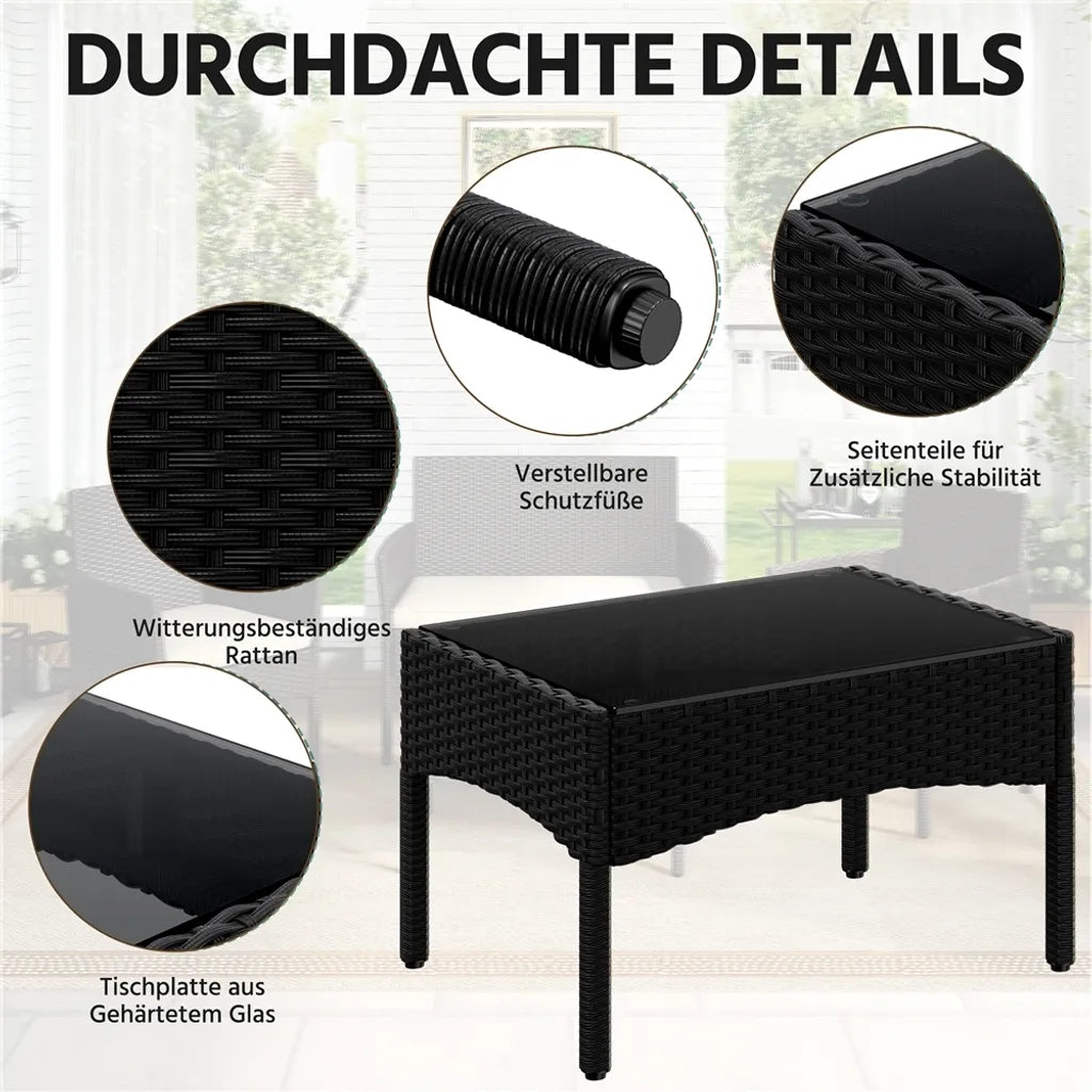 Yaheetech 4-delige Loungeset Tuin - Zwart/Grijs - Polyrattan Tuinmeubelset met 2-zitsbank, 2 Stoelen en Salontafel