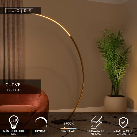 Lucide CURVE - Booglamp - LED Dimbaar - 1x15W 2700K - Mat Goud / Messing
