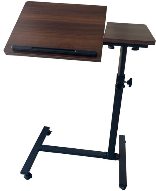 TTD® Premium Bijzettafel op Wieltjes - Laptoptafel Verstelbaar - Bedtafel op Wielen - Laptopstandaard - Verstelbaar in Hoek en in Hoogte - Donkerhout - Links