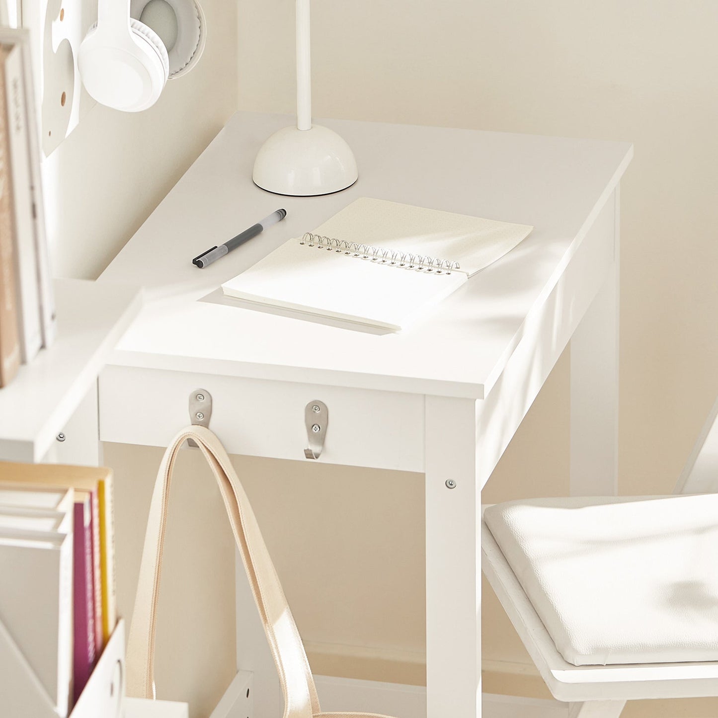 Laodikya Home bureau met een lade en 2 haken, computerbureau, Wit