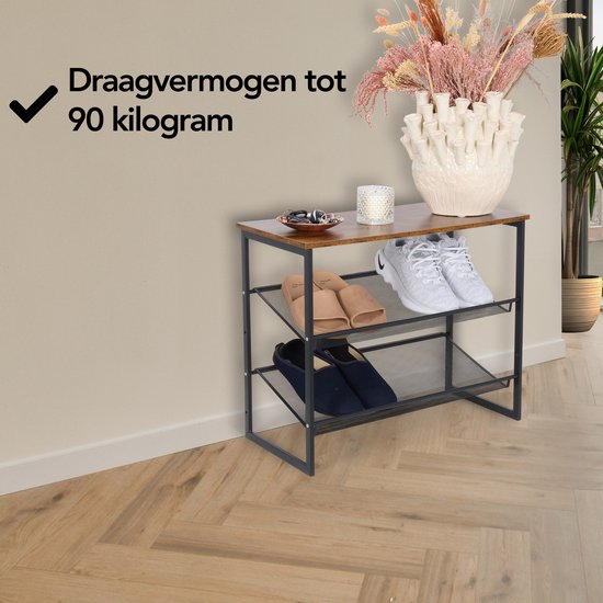 Brixy Schoenenrek - Industrieel - Hout - Metaal - 64x30x52cm - Vintage - Schoenenkast - Bruin/Zwart
