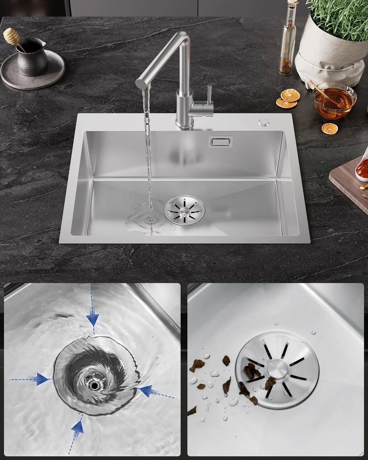 Sofetiy Spoelbak RVS 60 x 48 cm - Enkele Kom met Sifon - Geluiddempend en Extra Dik 3 mm - Geborsteld RVS