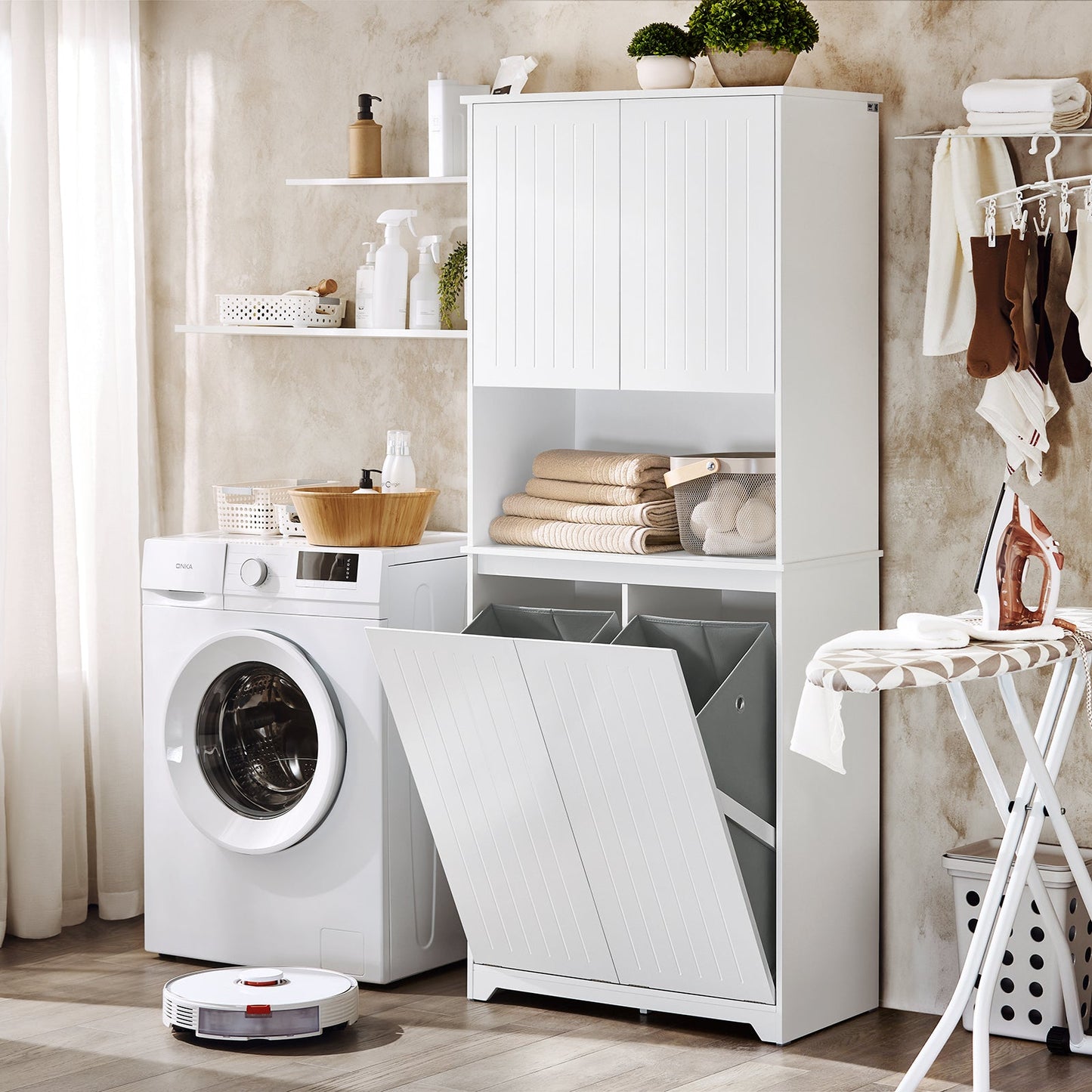 SoBuy BZR150-W Hoge Badkamerkast met Waszak - Wit - 70x37x170 cm