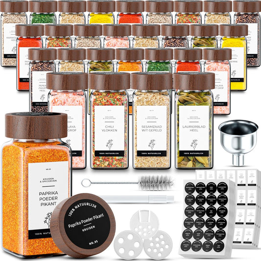 Organess Kruidenpotjes Set 42 Stuks Vierkant - Acacia Deksel - Inclusief Labels en Accessoires - 120ml