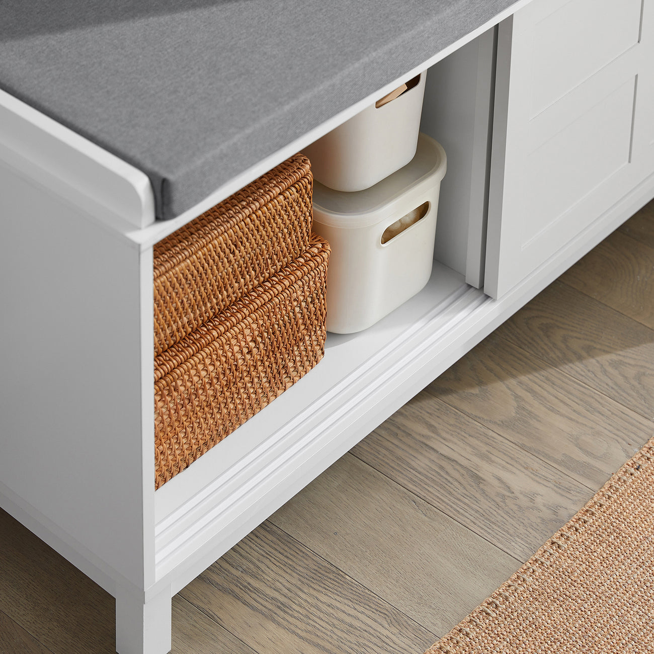 SoBuy Opbergbank met Zitkussen en Schuifdeuren – Schoenenkast voor Hal – Wit/Grijs – 114×40×53 cm
