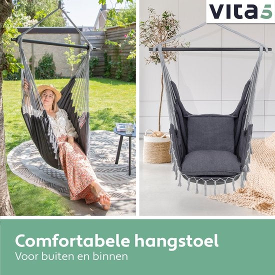 Vita5 XXL Hangstoel | Binnen&Buiten Hangnest | Incl. 2 Kussens en Boekenvak | Volwassenen&Kinderen | Hangmatstoel tot 200kg | Donkergrijs
