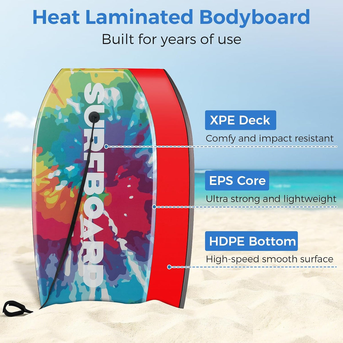 Spotravel Bodyboard 37 Inch met Polsband - Meerkleurig - 84 x 46 x 5 cm