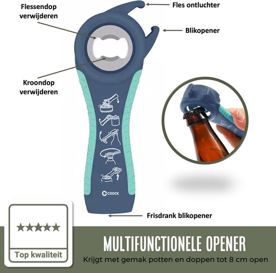 COOCK - Allesopener - Multifunctionele Opener - 7-in-1 Potopener - Keuken Hulp - Flesopener - Bieropener - XL Dekselopener voor potten - Pottenopener - Hulpmiddelen voor Ouderen - Blauw
